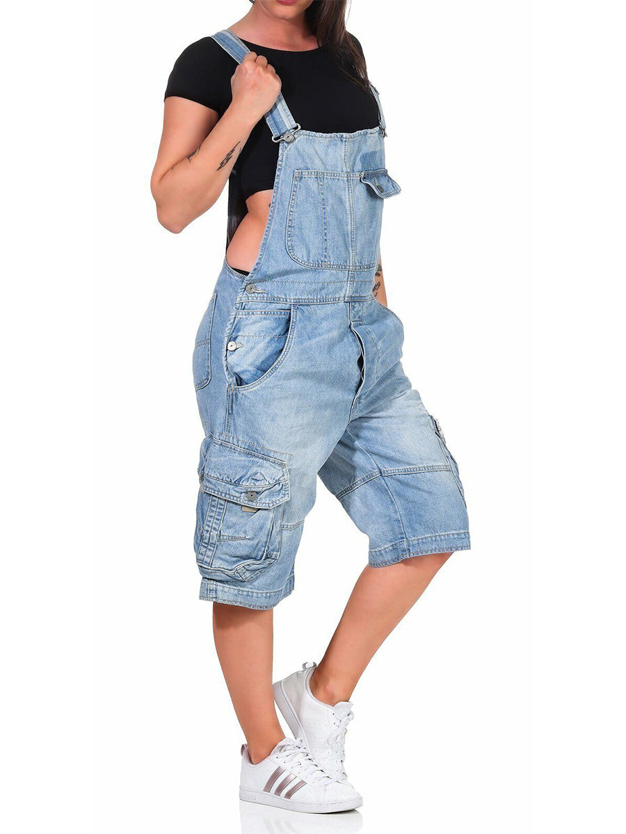 Macacão Curto Denim Cargo Premium para Mulher