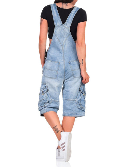 Macacão Curto Denim Cargo Premium para Mulher