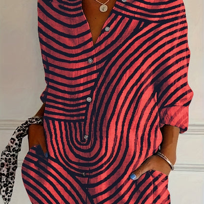 Camisa Feminina de Gola com Manga Longa Listrada Regular Solta
