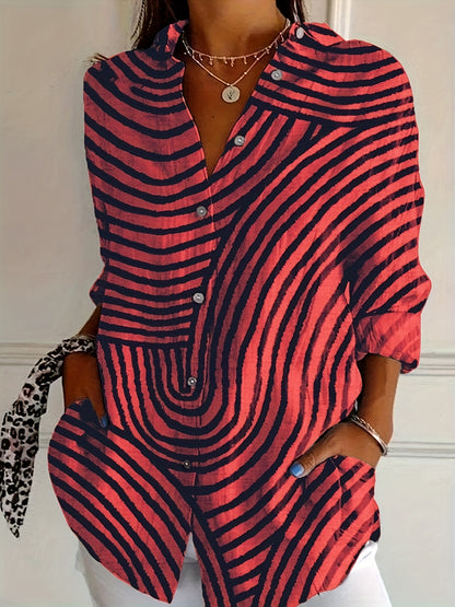 Camisa Feminina de Gola com Manga Longa Listrada Regular Solta