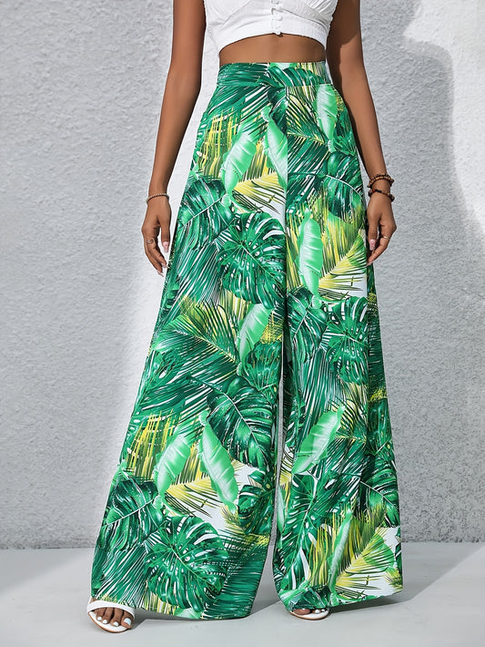 Pantalonas de Praia Boémias de Cintura Alta em Chiffon Floral para Mulheres