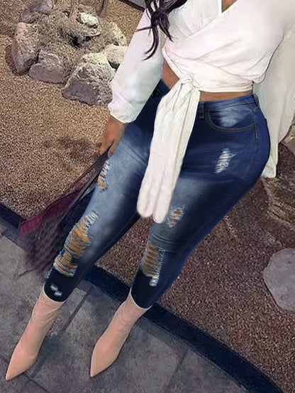 Jeans SculptFit Luxe Skinny de Cintura Alta com Efeito Desgastado