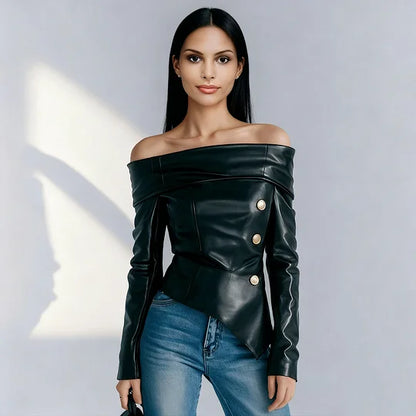 Top de Couro PU Preto Feminino com Ombros Descidos, Manga Longa e Decoração de Botões com Barra Assimétrica