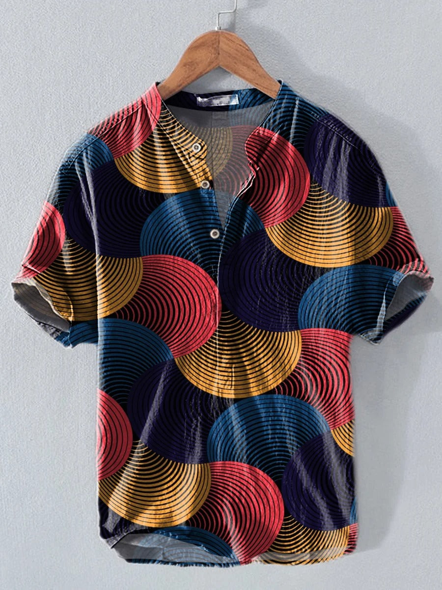 Polo Premium em Algodão e Linho com Padrão Abstrato em Leque