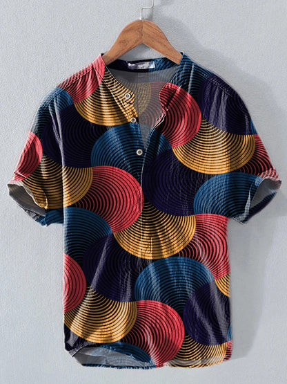 Polo Premium em Algodão e Linho com Padrão Abstrato em Leque