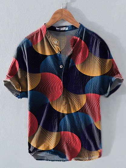 Polo Premium em Algodão e Linho com Padrão Abstrato em Leque