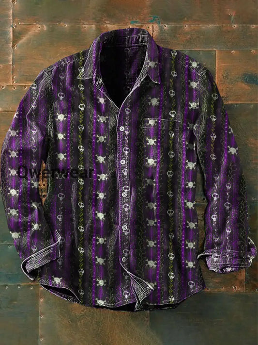 Camisa Premium Gótica com Padrão Abstracto de Caveiras e Vinhas